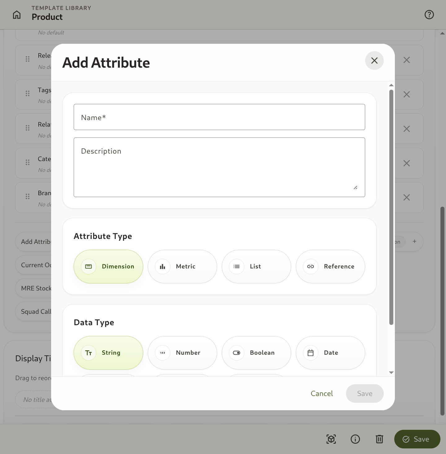 Attribute configuration screen showing type and data type selectors