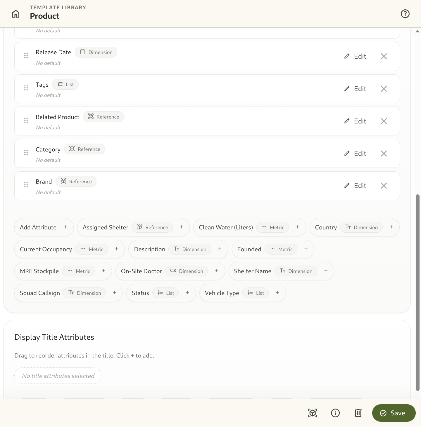 Template details screen with Basic and Attributes tabs