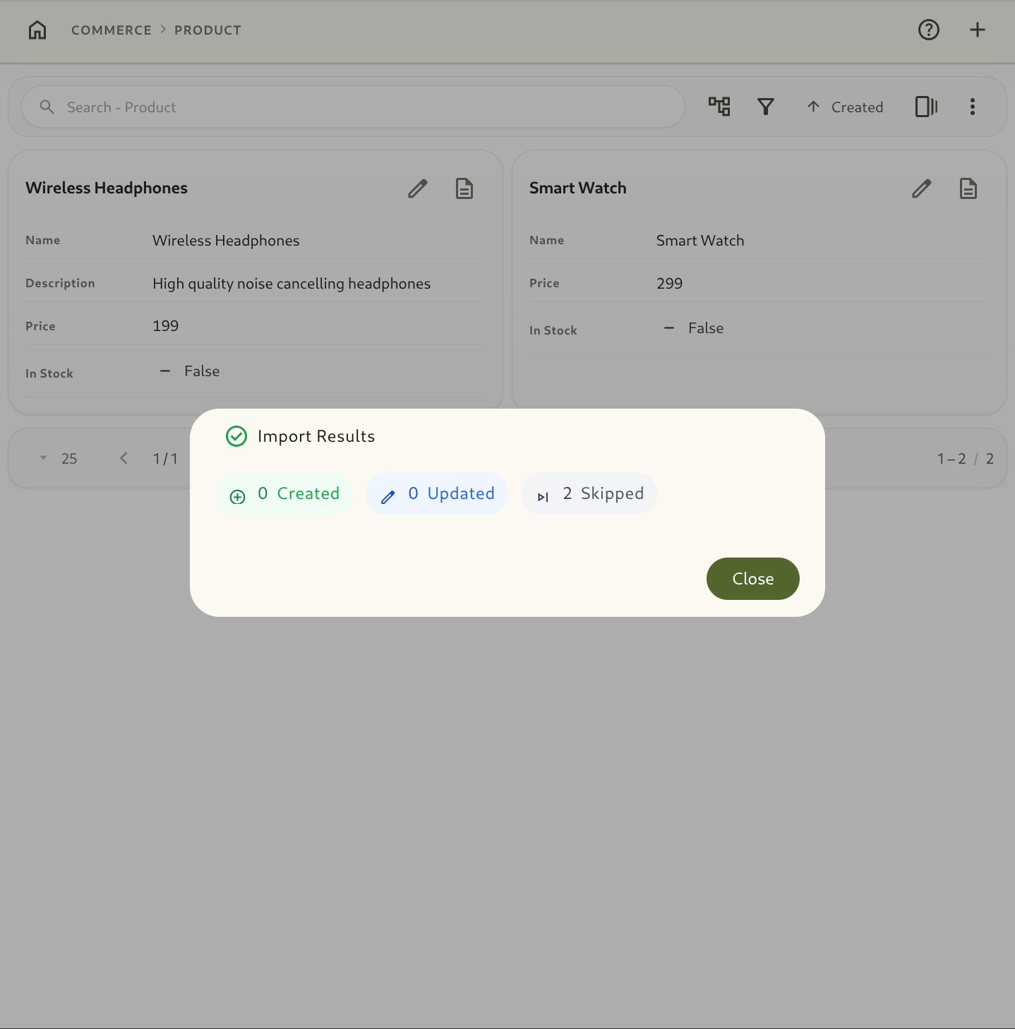 Import result summary dialog with row-level error breakdown