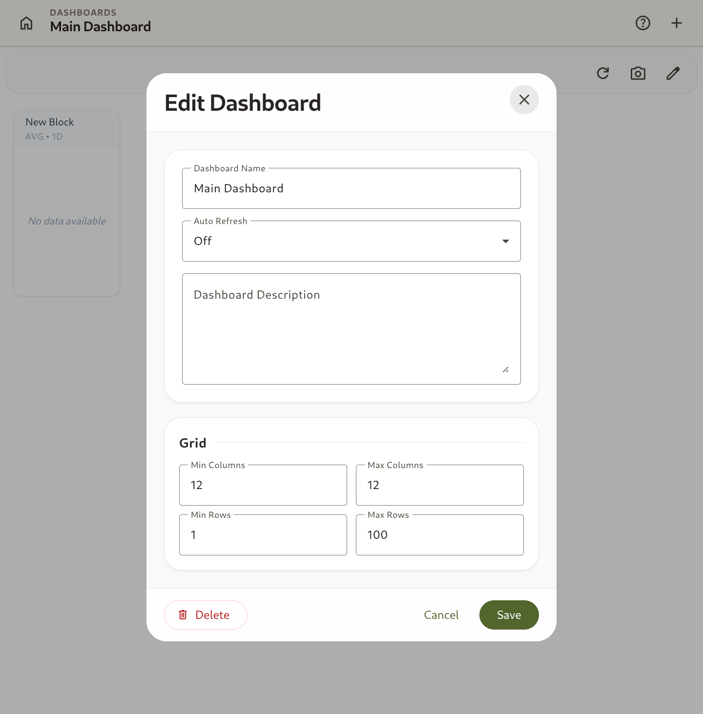 Dashboard canvas showing multiple visual block types and grid layout controls