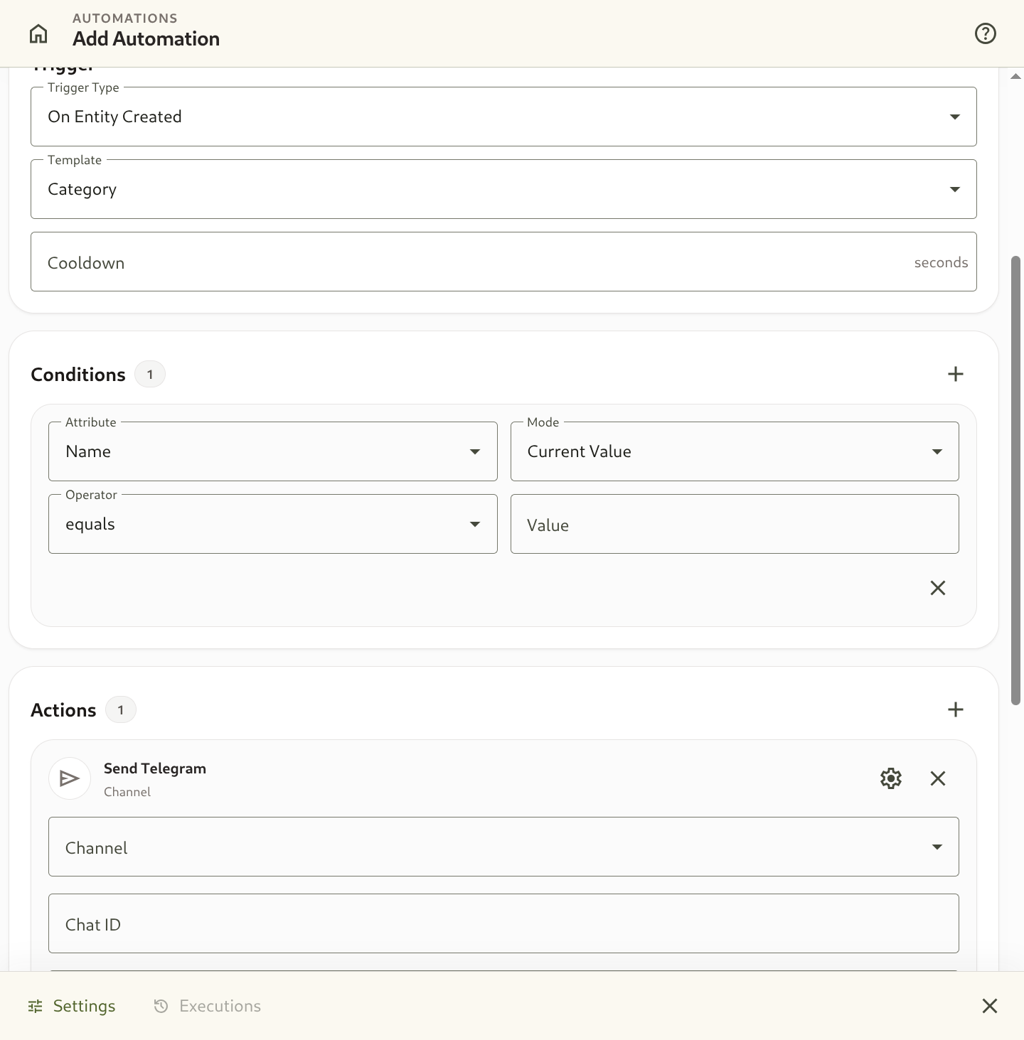 Automation builder screen showing trigger, condition, and action setup
