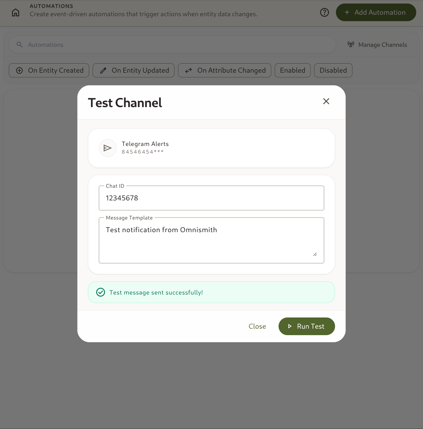 Notification channel management dialog showing test delivery results