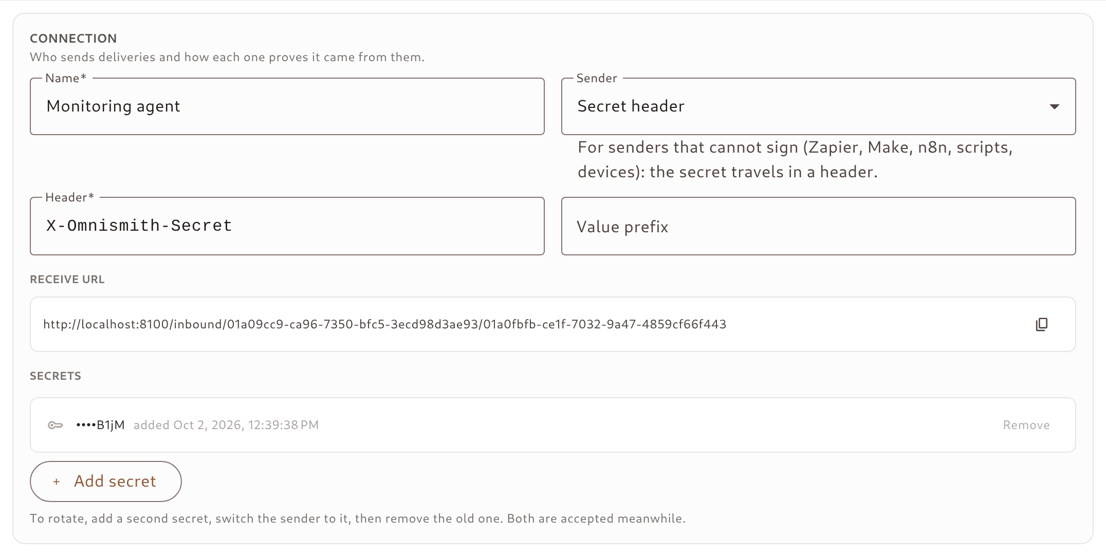 The Connection section of the endpoint dialog: name, sender preset, header, receive URL and secret hints with Add secret