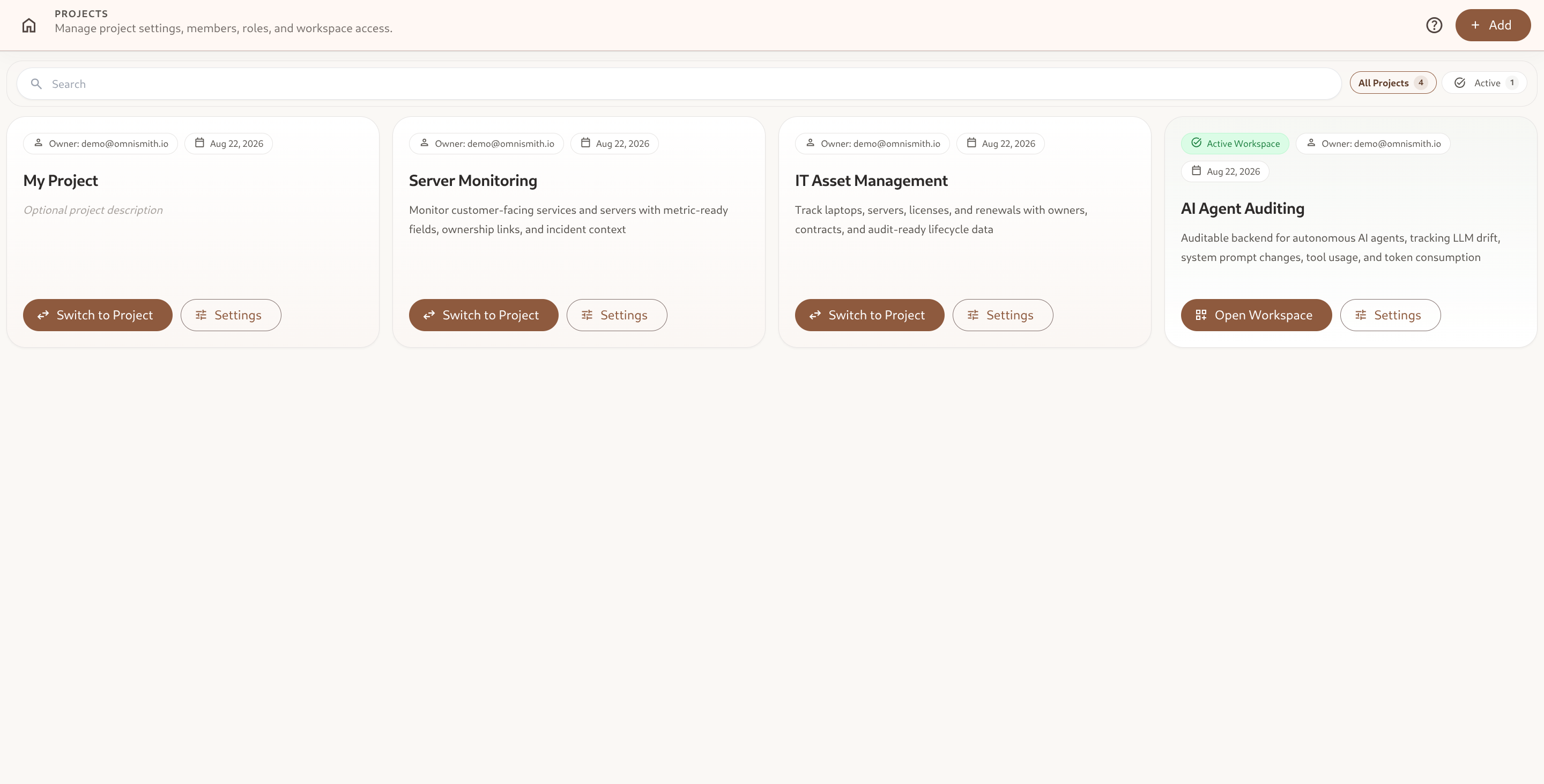 Projects Directory showing multi-tenant workspaces, active status badge, owner emails, and navigation controls