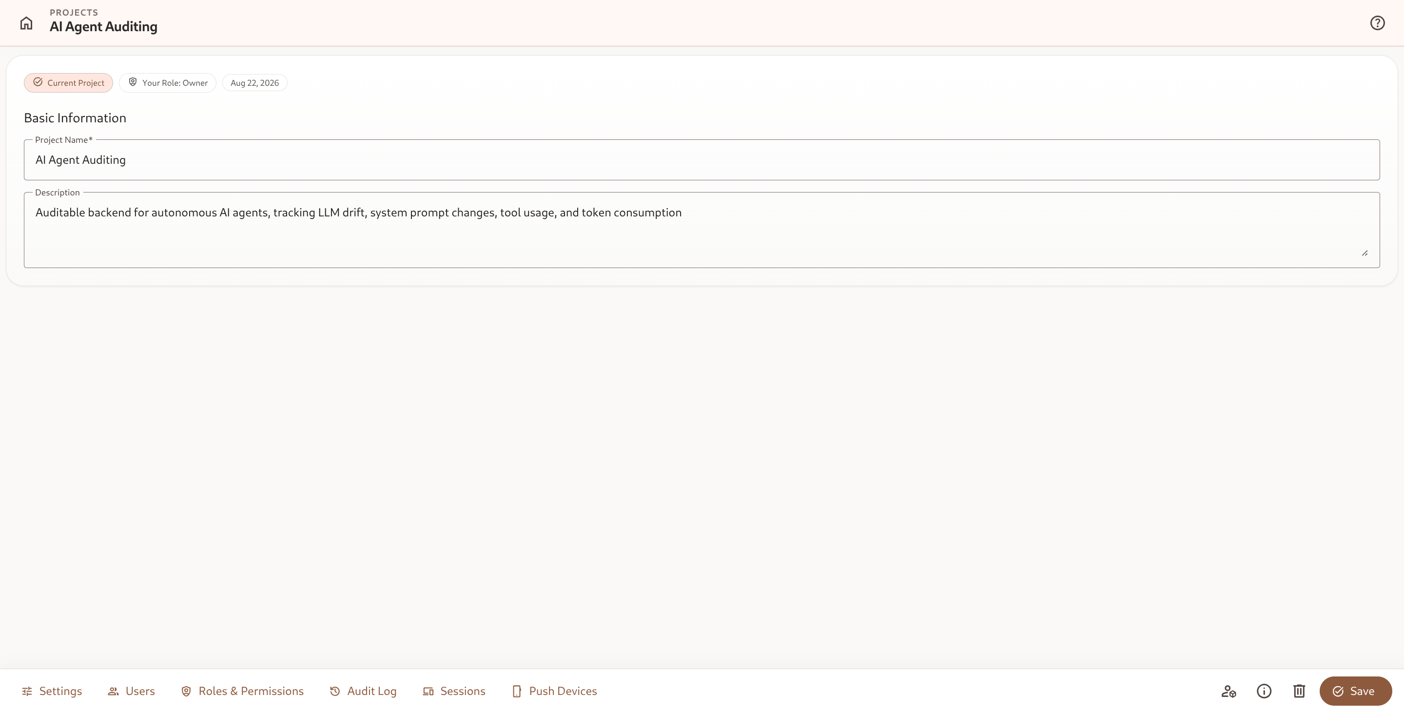 Project Overview Settings tab showing Basic Information, status pills, and bottom bar controls