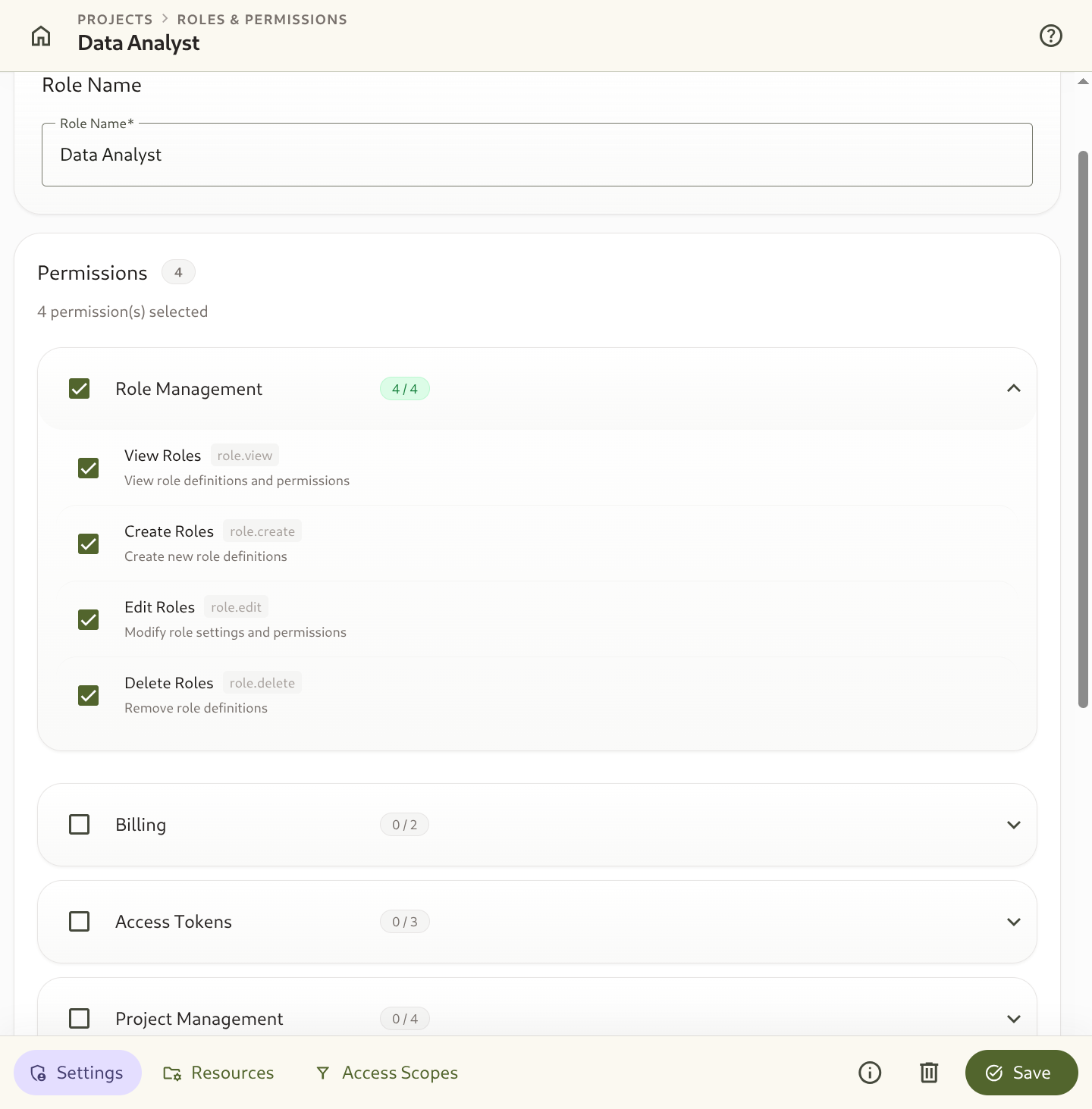 Role details Settings tab showing permission groups and expanded toggles