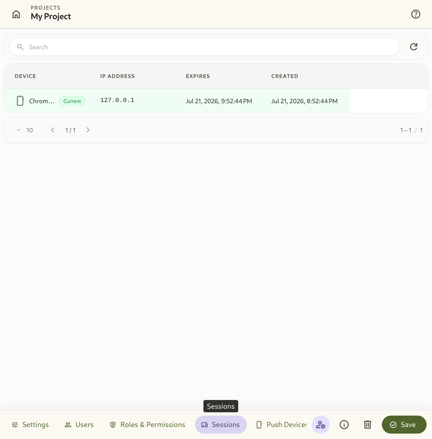Active session list interface with device details and revoke action