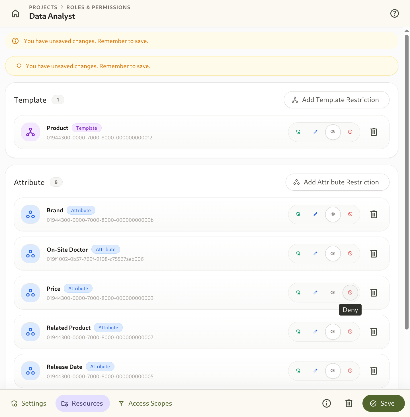 Role details Resources tab with template and attribute restriction rules