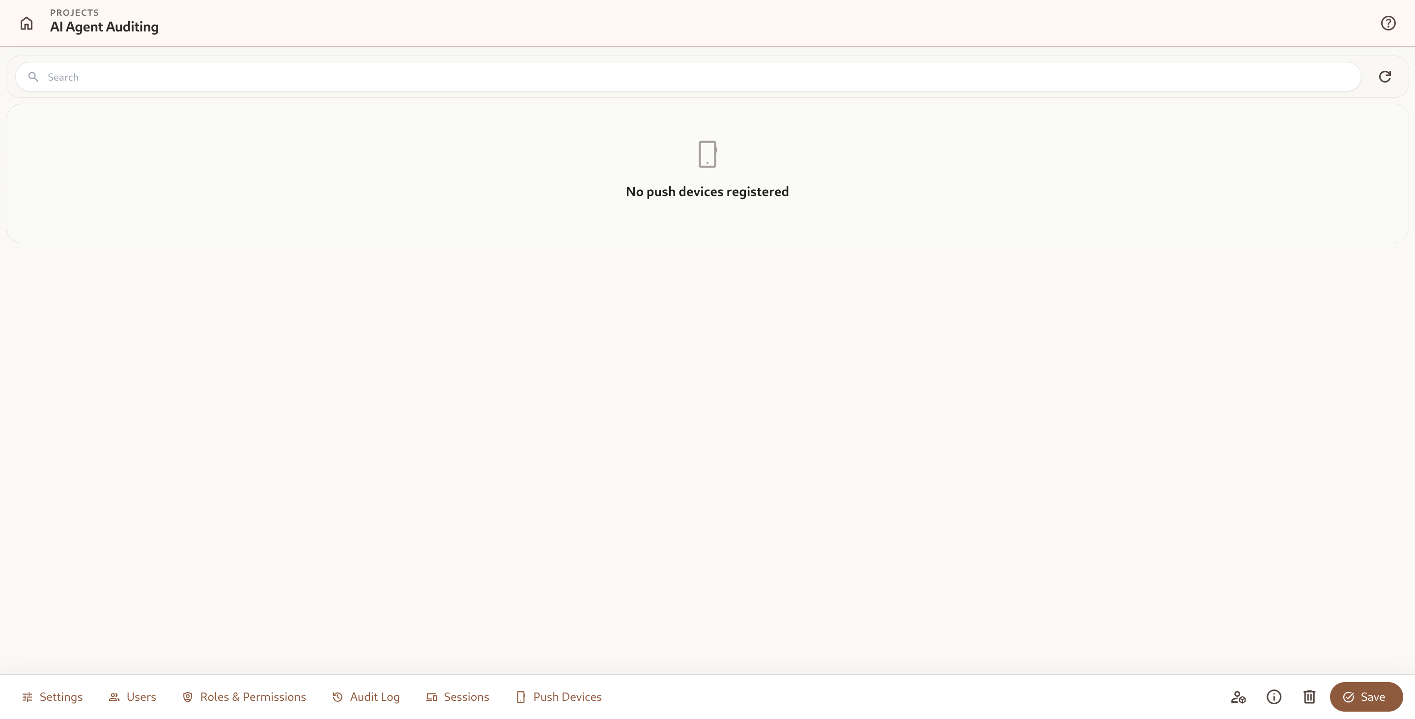 Project Push Devices management view showing registered devices, platform tokens, and unregister actions