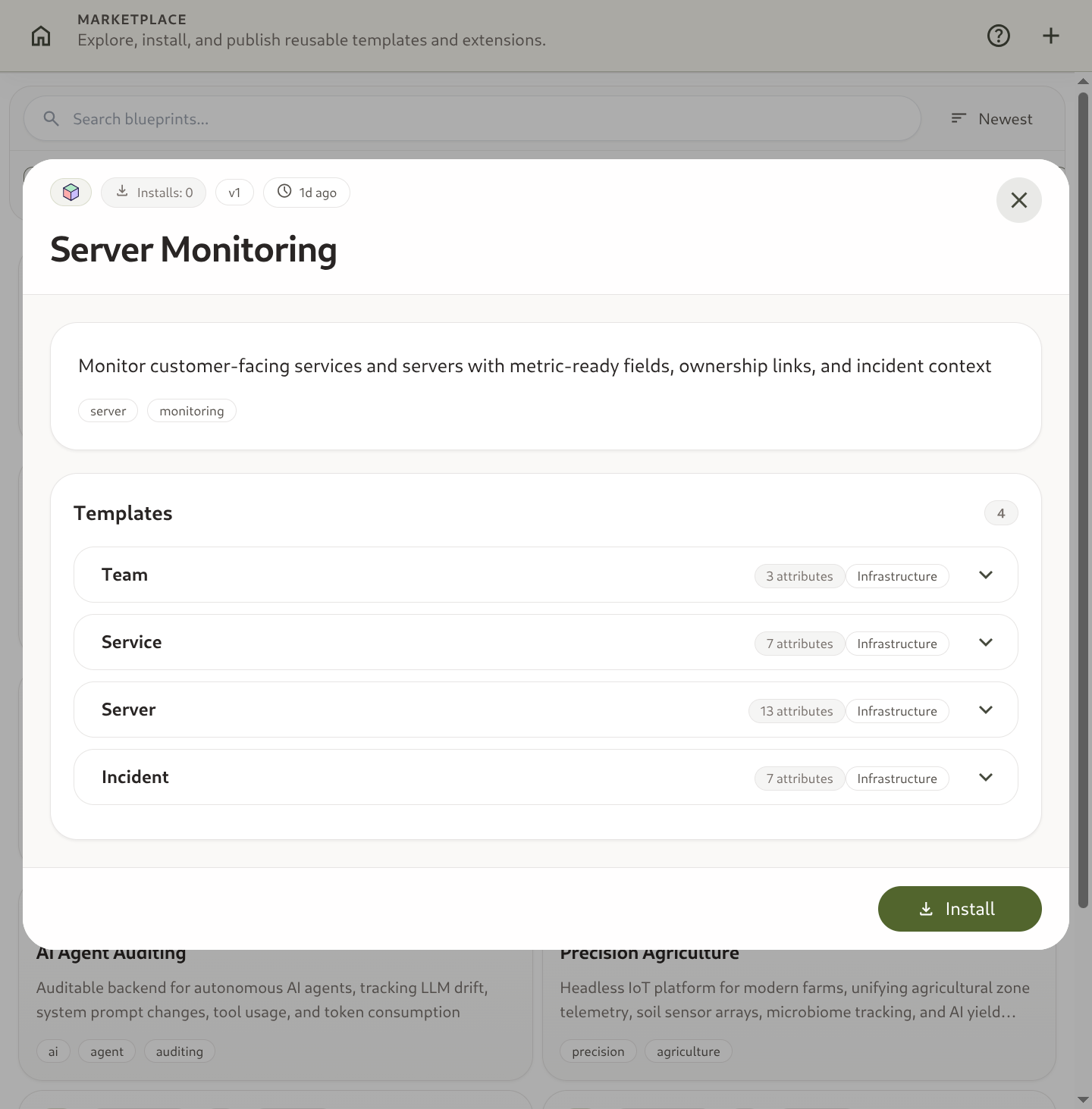 Marketplace search view with blueprint cards and installation detail dialog