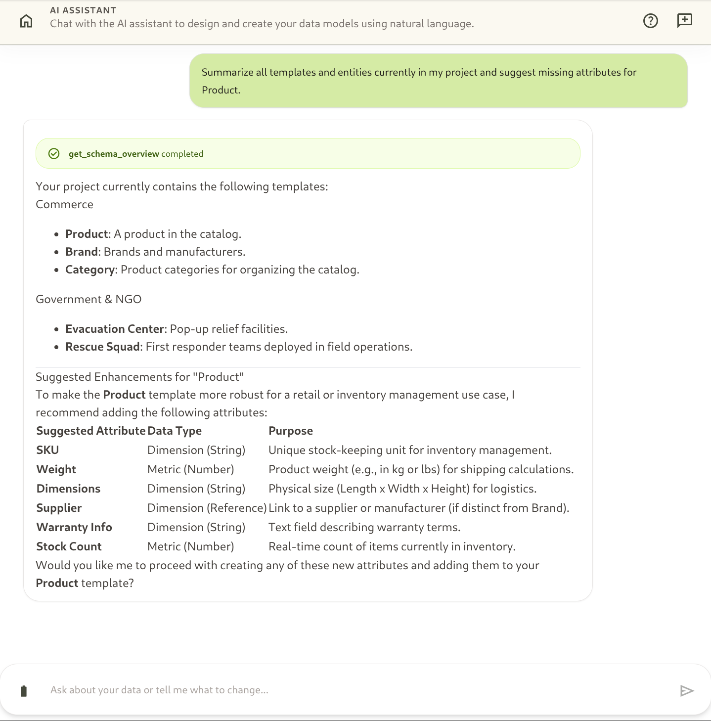 AI Assistant chat interface showing prompt input and real-time streaming agentic output