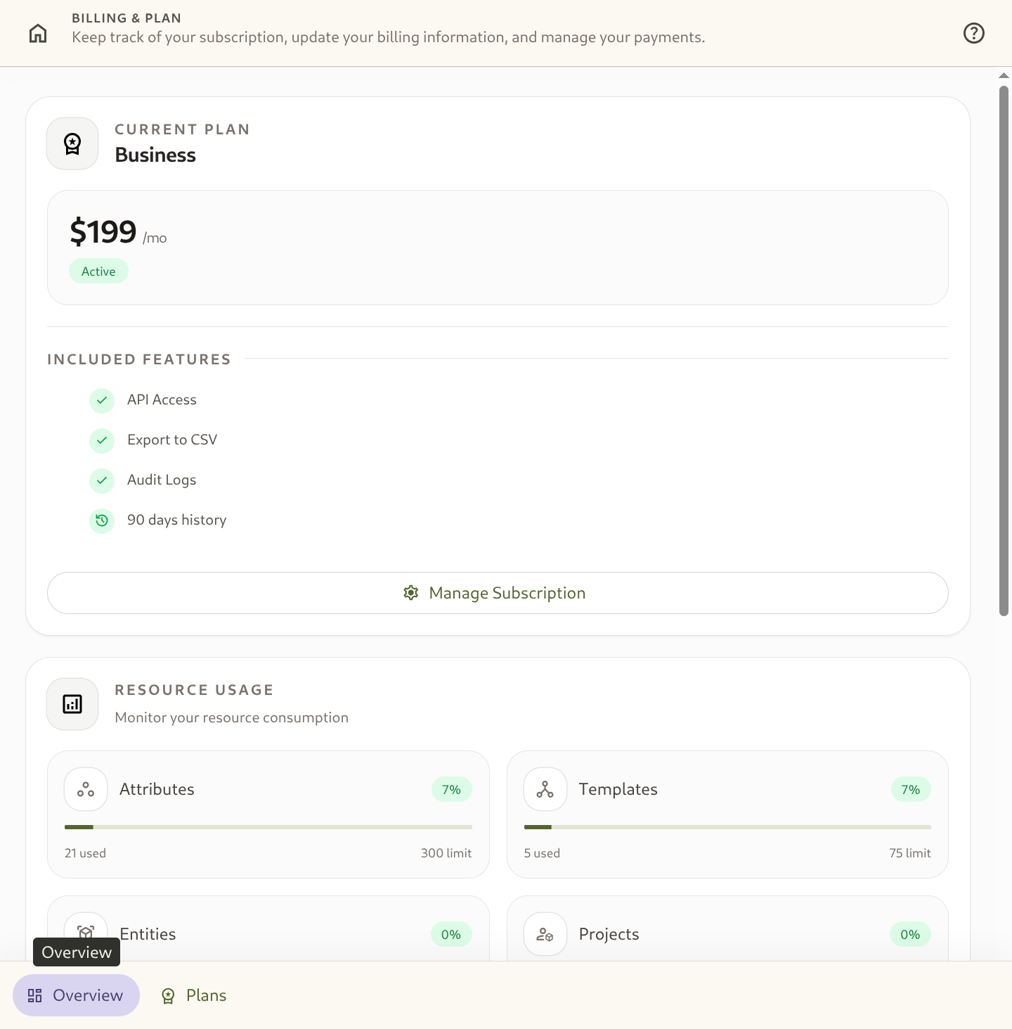 Billing overview interface showing usage meters, plan details, and billing portal link