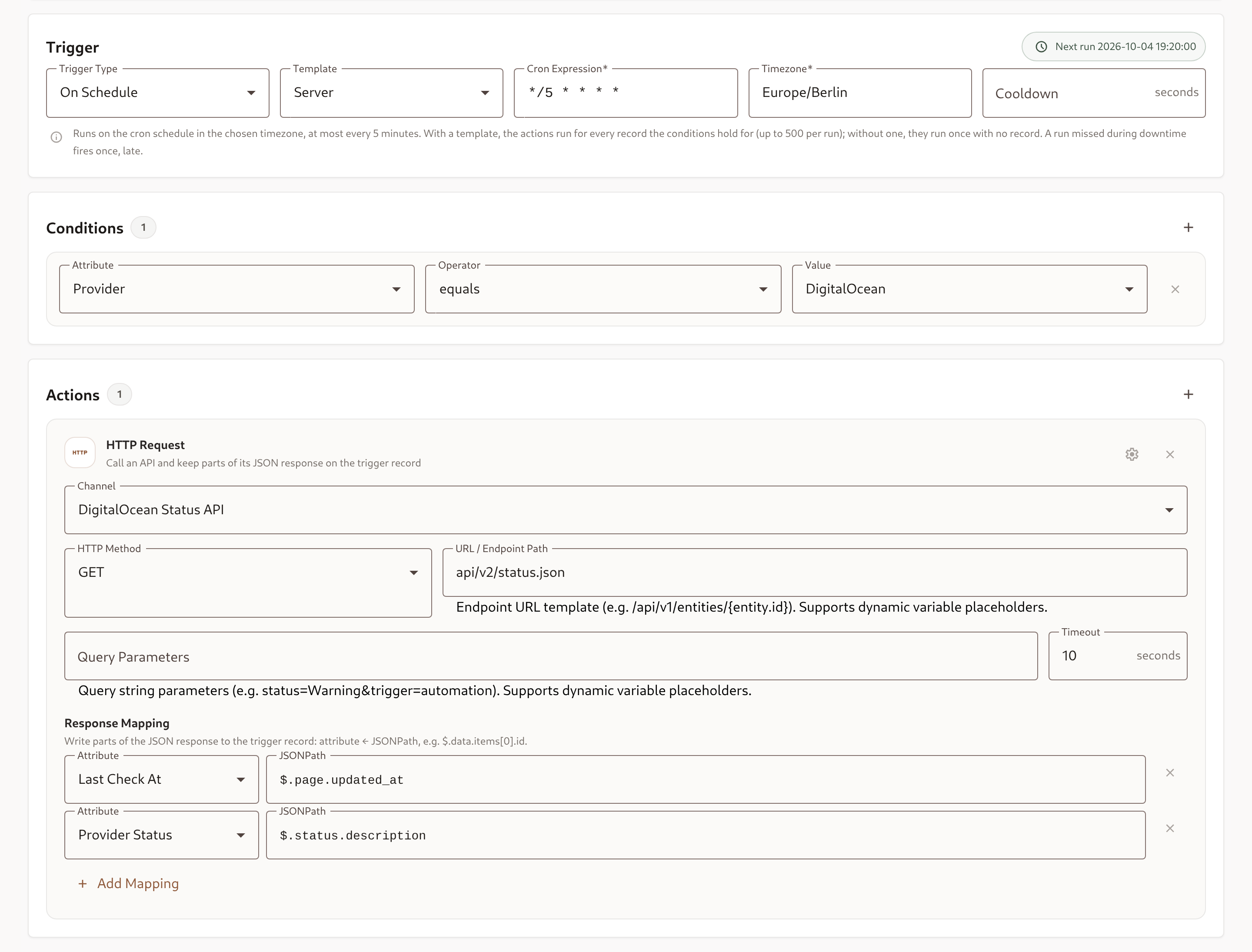 Schedule on DigitalOcean servers with an HTTP Request to the provider's status API, mapping two JSON response paths into Last Check At and Provider Status