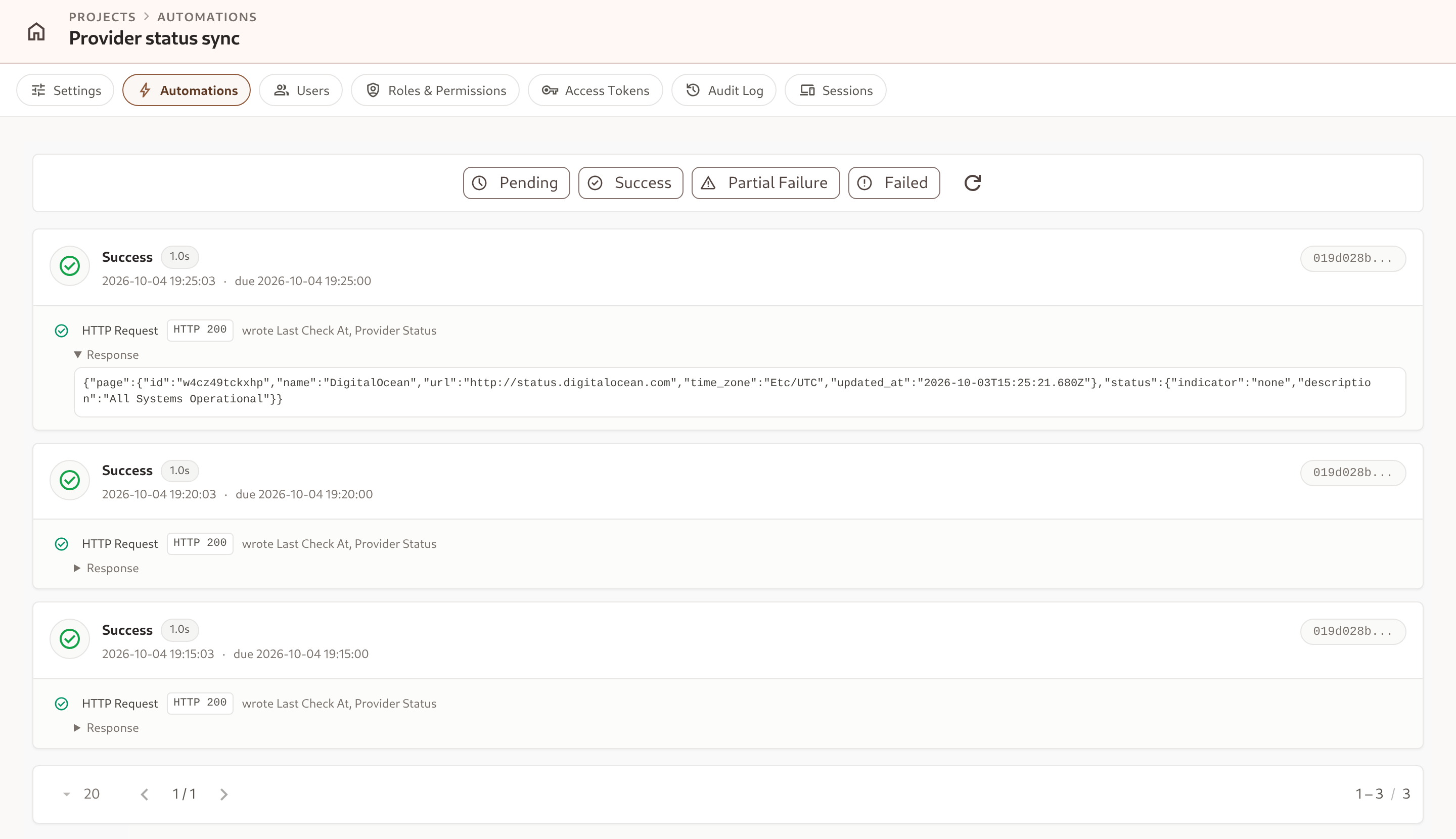 Executions tab of a scheduled HTTP Request: three runs with their due times, the record link, HTTP 200, the attributes written, and one response excerpt expanded